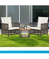 Sugift 3 Pieces Patio Rattan Conversation Sets with Cushioned Sofas and Wood Table Top