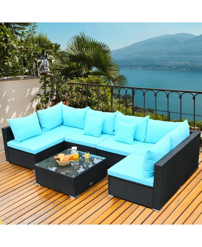 Sugift 7 Pieces Sectional Wicker Furniture Sofa Set with Tempered Glass Top-Blue