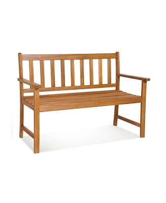 2-Person Patio Acacia Wood Bench with Backrest and Armrests