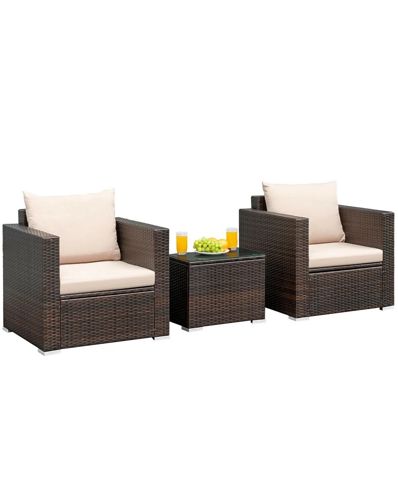 3 Pieces Patio Conversation Rattan Furniture Set with Cushion