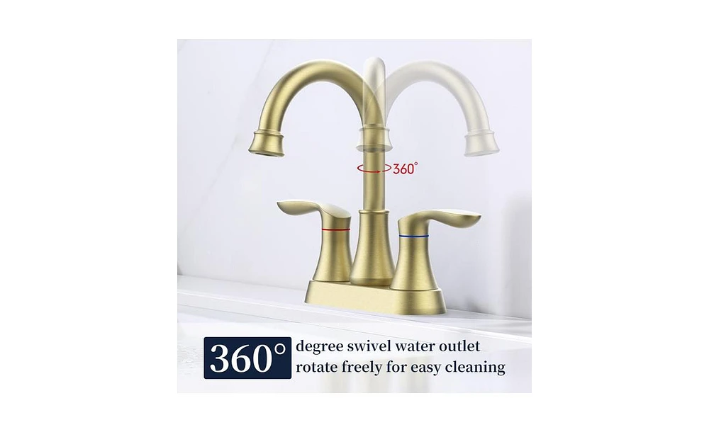 Slickblue Brushed Gold Bathroom Faucet with Pop-Up Drain & Supply Hoses, 2-Handle 360-Degree High Arc Swivel Spout, 4-Inch Centerset Vanity Sink Fauce