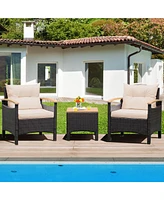 3PCS Patio Rattan Furniture Set Wooden Armrest Table Top Cushioned