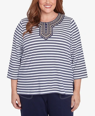 Alfred Dunner Plus Size Block Island Striped Top with Embroidered Neckline