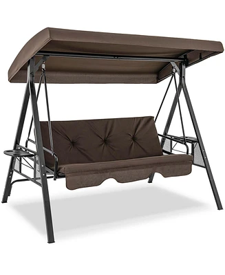 3-Seat Patio Porch Swing with Adjustable Canopy Soft Seat Back Cushions Side Tables