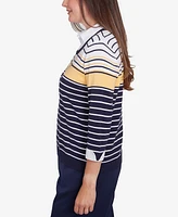 Alfred Dunner Women's Block Island Striped Two in One Collared Sweater with Necklace