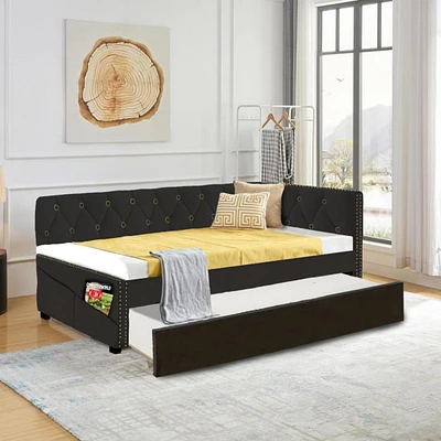 Black Upholstered Twin Size Daybed Bed Frame (Corner Bed) With Trundle, Velvet Fabric, Studding Design, No Box Spring Required, Fits Any Style!