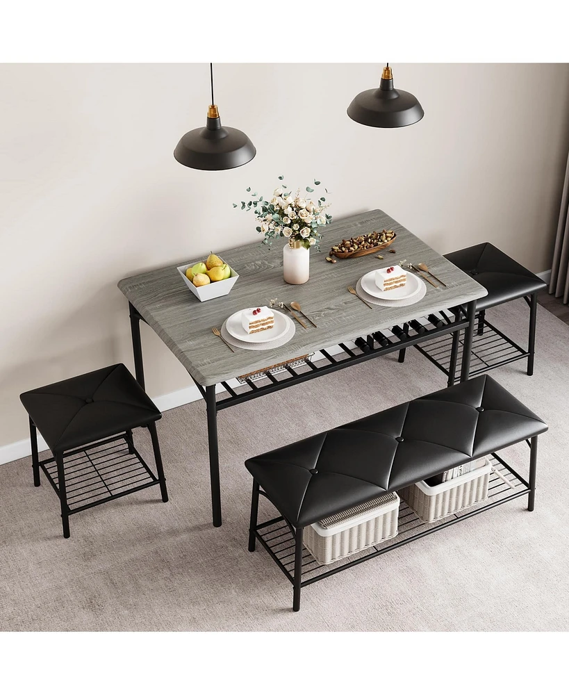 gaomon Kitchen Table with Bench, Dining Room Table Set for 4 with Upholstered Bench and Square Stools, Table Set with Storage -Grey