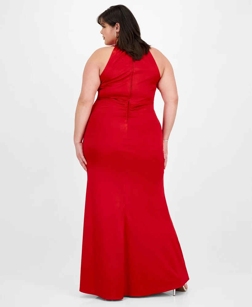 Emerald Sundae Plus Sateen Shirred Halter Gown, Created for Macy's