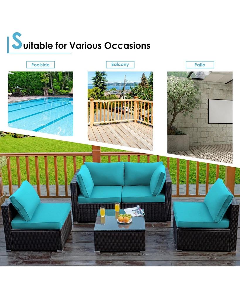 Sugift 5 Pieces Cushioned Patio Rattan Furniture Set with Glass Table-Turquoise