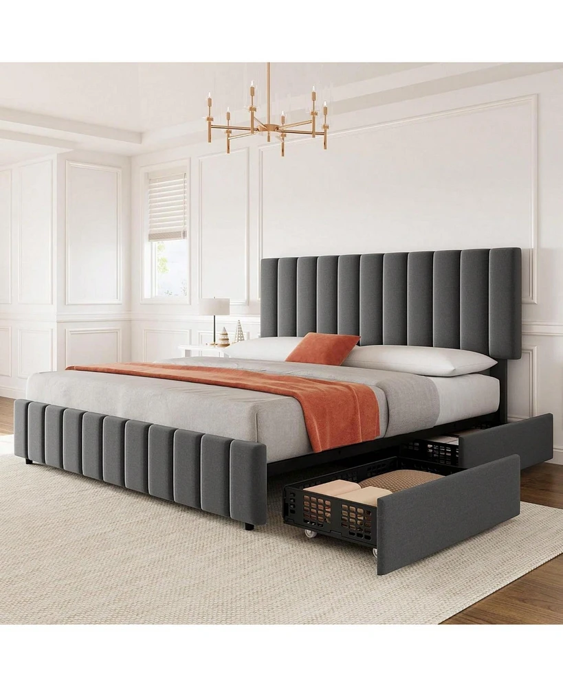 gaomon Bed Frame With 4 Storage Drawers And Adjustable Headboard, Linen Upholstered Platform Bed Frame With Wooden Slats Support