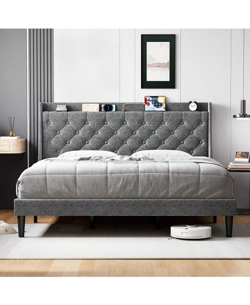 gaomon Queen/King Size Bed Frame With Upholstered Wingback Headboard, Luxurious Linen Upholstery Platform Bed With Charging Station, Button Tufted Des