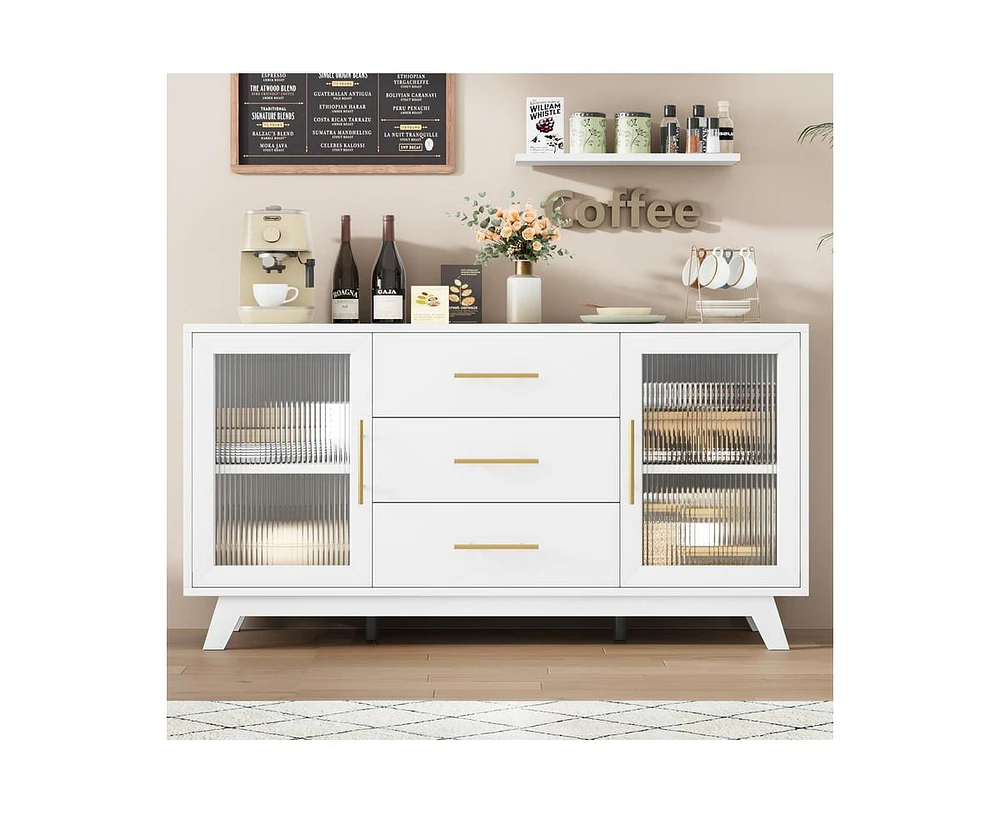 gaomon Coffer Bar Cabinet with 2 Fluted Glass Doors, 56" Modern Sideboard Buffet Cabinet with 3 Drawers