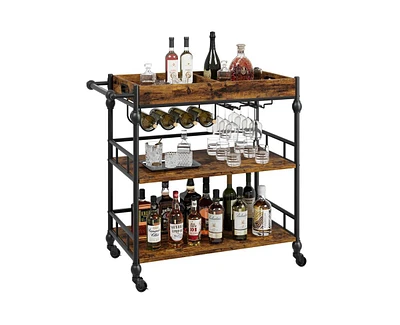 gaomon 3-Tier Rolling Bar Cart with Wheels, Metal Serving Cart with Wine Rack & Removable Tray for Home, Kitchen, Dining Room, and Living Area-Retro B