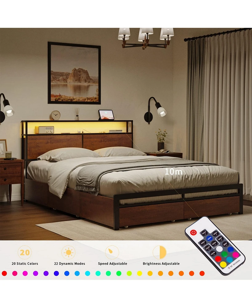 Hausource Queen Size Bed Frame with Storage Headboard & Charging Station & 4 Drawers Platform Bed