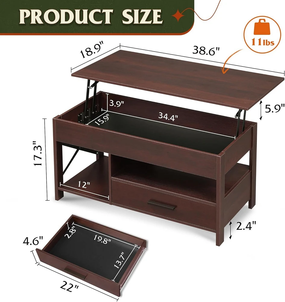 Wlive Lift Top Coffee Table for Living Room,Coffee Table with Storage,Hidden Compartment and Metal Frame, Central Table for Reception Room,Espresso