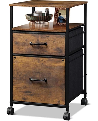 2 Drawer Mobile File Cabinet Rolling Printer Stand with Open Storage Shelf Fabric Vertical Filing Cabinet fits A4 or Letter Size for Home Office