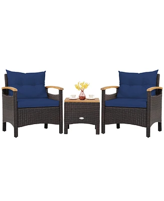 Sugift 3 Pieces Patio Rattan Furniture Set with Removable Cushion-Navy