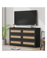 Rattan Dresser For Bedroom, 6 Drawer Dresser For Bedroom, Modern Wide Chest Of Drawers With Anti-Tip Kit