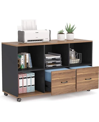 Tribesigns 2 Drawers Lateral File Cabinets, Home Office 43-inch Mobile Wood Filing Cabinet Printer Stand with Wheels and Open Storage Shelves,Drawers