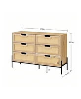 6 Drawers Dresser For Bedroom, Natural Rattan Drawer With Spacious Storage, Wood Chest Of Drawers With Metal Legs For Bedroom, Living Room, Hallway, E