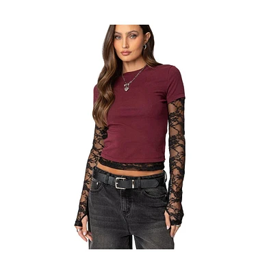 Edikted Womens Layered Lace Sleeve T Shirt