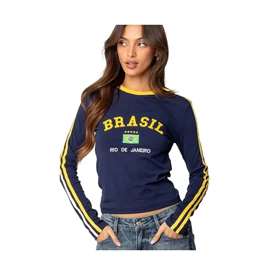 Edikted Womens Brasil Embroidered Long Sleeve T Shirt