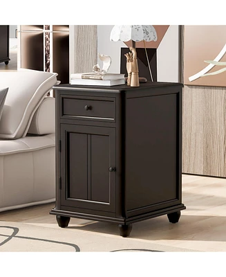 End Table with Solid Wood Legs, Side Table with Usb Ports, 1 Storage Cabinet and 1 Drawer for Living Room, Antique Espresso