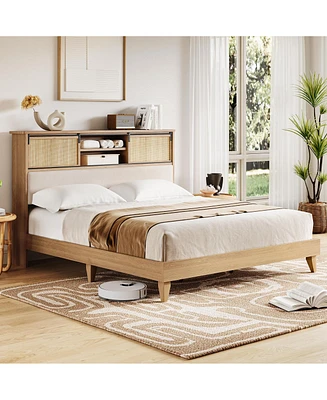 gaomon Rattan Full Bed Frame with Sliding Door Shelf Headboard