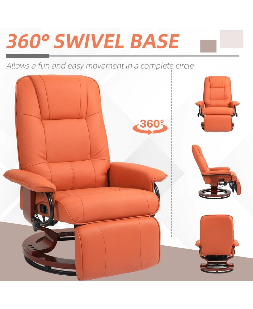 Faux Leather Manual Recliner, Adjustable Swivel Lounge Chair with Footrest, Armrest and Wrapped Wood Base for Living Room, Orange