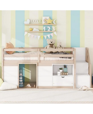 Solid Wood Twin Size Low Loft Bed With Stair, Drawer, And Shelf For Cream + White Color