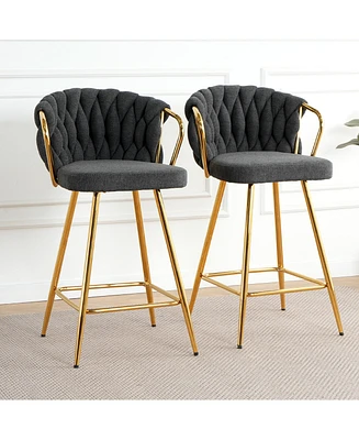 Modern design High stool Gold Plated legs Kitchen Dining Dark grey linen bar chair, suitable for Cafe Bar Restaurant (set of 2)