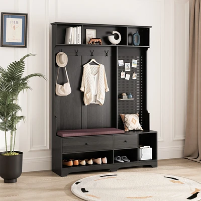 Multi-purpose Hallway Hall Tree with Removable Linen Cushioned Entryway Bench, Coat Rack, Storage Shelves, and Diy Pegboard,for Hallways, Living Room,
