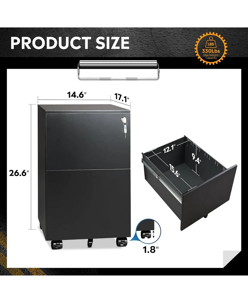 2-Drawer Mobile File Cabinet with Lock, Commercial Vertical Cabinet