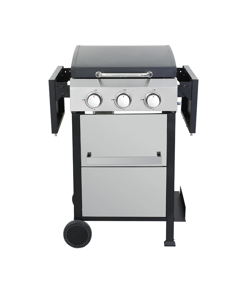 3-Burner Propane Gas Bbq Grill, Ss Plancha, 36900BTU Output With Wire Enamel Cooking Grids For Outdoor Barbecue, Foldable Side Table, Hanging Basket,