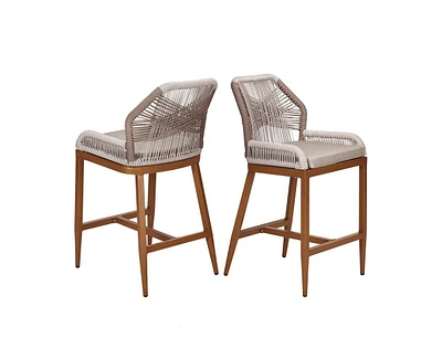 Woven Outdoor Counter Height Bar Stools Chairs Set of 2, Rattan Garden Counter Stools with Aluminum Frame, Modern Barstool with Backrest for Kitchen