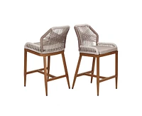 Woven Outdoor Counter Height Bar Stools Chairs Set of 2, Rattan Garden Counter Stools with Aluminum Frame, Modern Barstool with Backrest for Kitchen