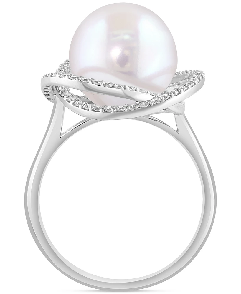Effy Cultured Freshwater Pearl (10mm) & Diamond (1/3 ct. t.w.) Spiral Knot Statement Ring in 14k White Gold
