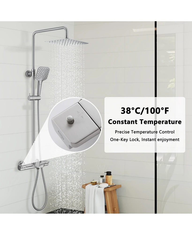 Casainc Thermostatic 9.8" Square Shower System with 3 Spray Modes Hand Shower