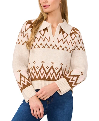 CeCe Women's Collared Fair Isle Sweater