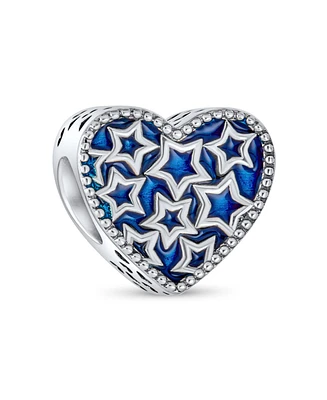 Bling Jewelry Patriotic Midnight Blue Stars Heart Charm Bead Sterling Silver Bracelet