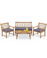 4 Piece Wood Patio Furniture with Armchairs Loveseat and Table