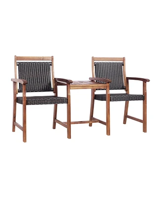 2-Seat Patio Rattan Acacia Wood Chair with Table