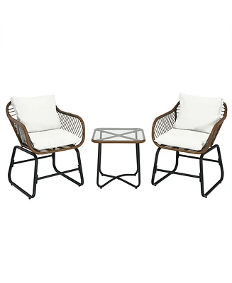 3 Pieces Patio Rattan Bistro Set Cushioned Chair Glass Table Deck