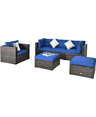 6 Pcs Patio Rattan Furniture Set with Sectional Cushion