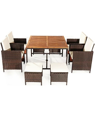 9 Pieces Patio Rattan Dining Cushioned Chairs Set
