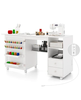 Folding Sewing Table Charging Station Multifunctional Sewing Machine Cart Table