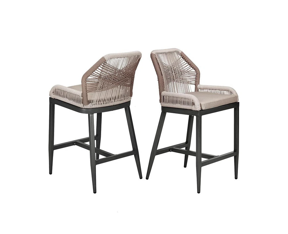 Woven Outdoor Counter Height Bar Stools Chairs Set of 2, Rattan Garden Counter Stools with Aluminum Frame, Modern Barstool with Backrest for Kitchen