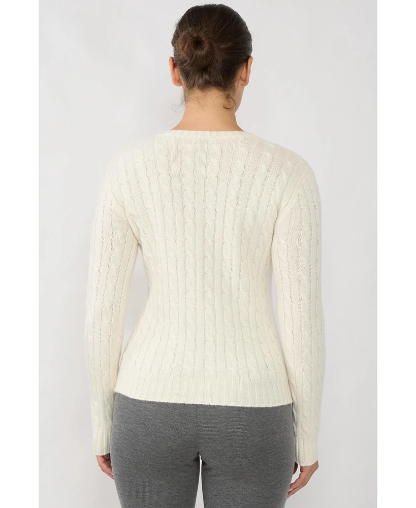 Jennie Liu Women's 100% Cashmere V-Neck Sweater | Chuncky Cable-knit Sweaters
