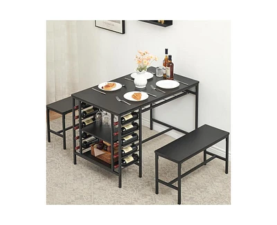 gaomon Dining Table Set for 4, Kitchen Table Set for 4 with 2 Benches, Rectangular Dining Room Table Set with Wine Rack & Storage Shelves, 3 Piece Din