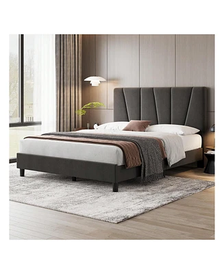 gaomon Bed Frame With Headboard,Linen Upholstered Platform Bed With Adjustable Diagonal Channel Tufted Headboard, Mattress Foundation With Strong Wood